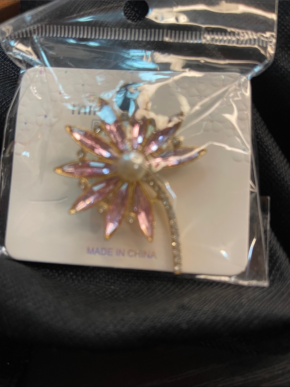 Mint Pink Crystal Flower Brooch with Pearl Center